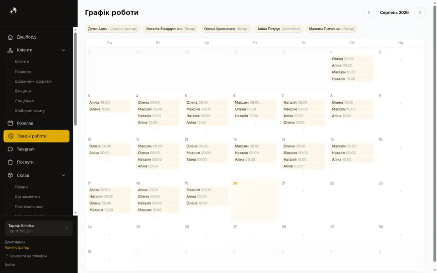 Графік роботи — екран Kizuna CRM