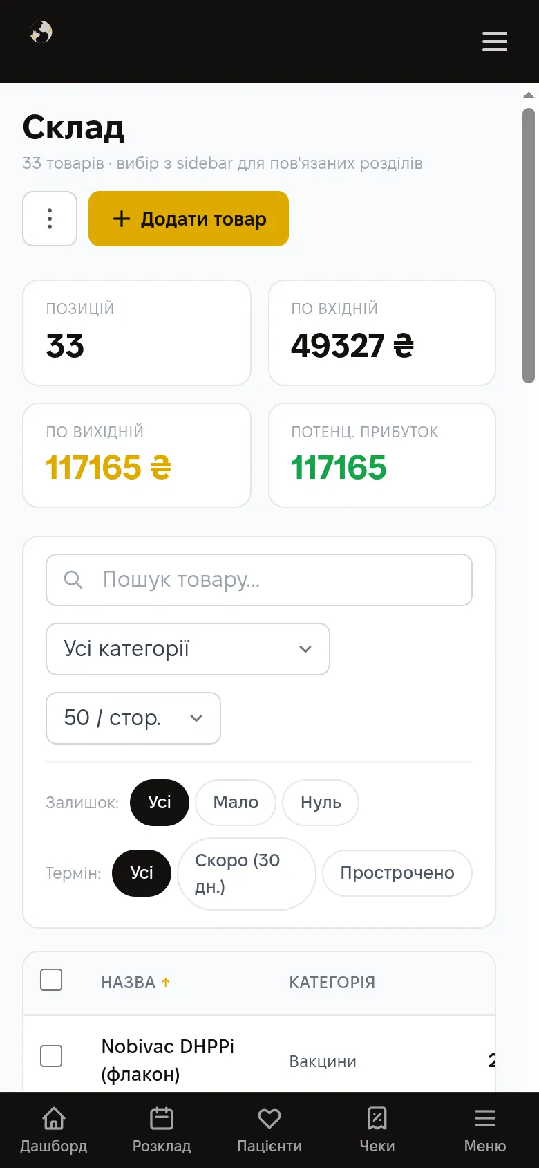 Склад і залишки препаратів на телефоні